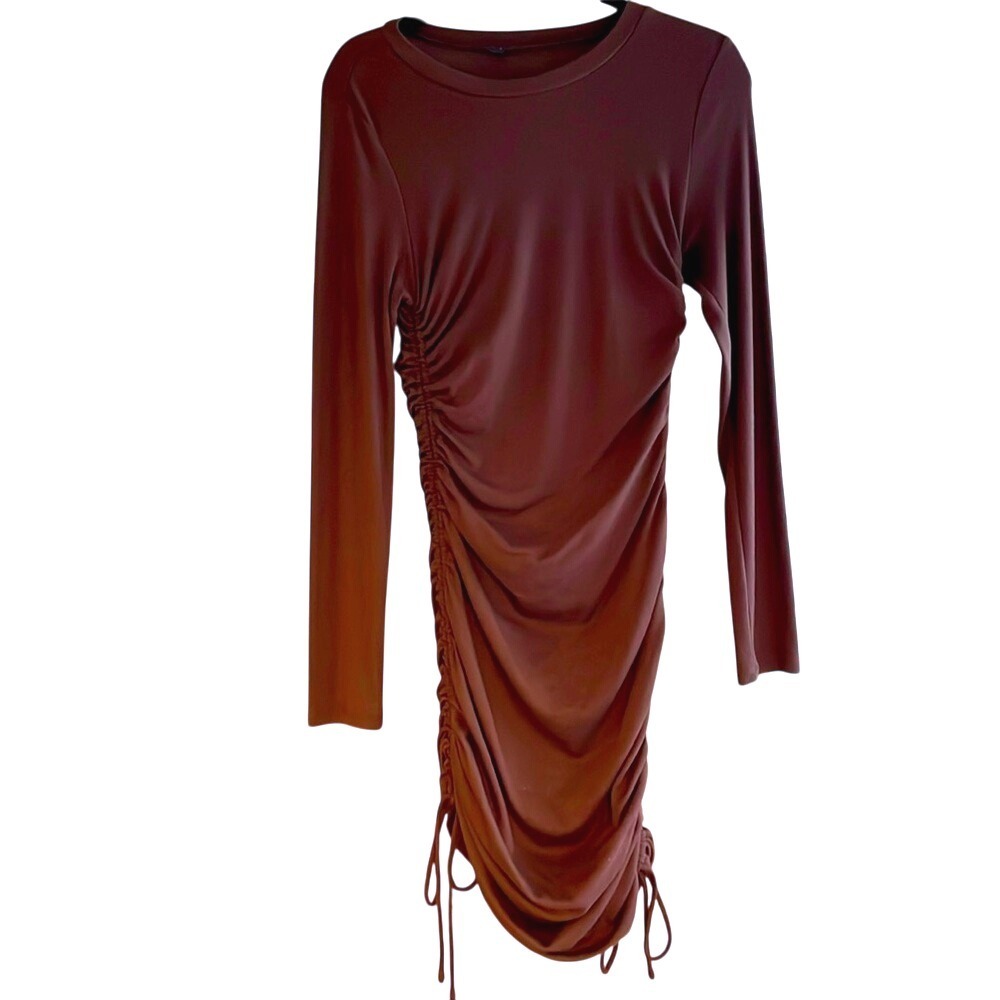Hey Babe Brown Ruched Bodycon Long Sleeve Dress‎